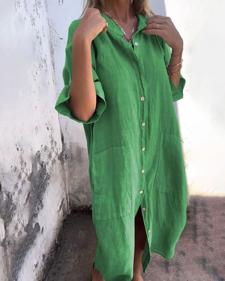 Women's Long Linen Shirt Dress with Buttons