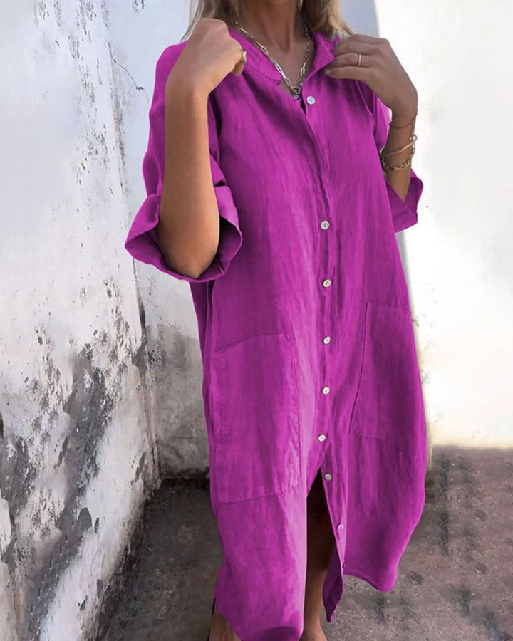 Women's Long Linen Shirt Dress with Buttons