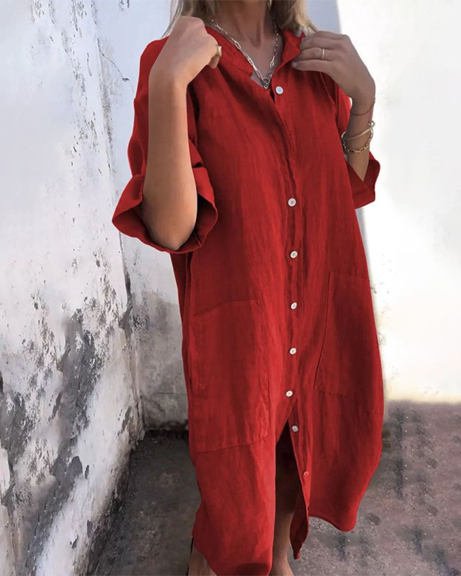 Women's Long Linen Shirt Dress with Buttons