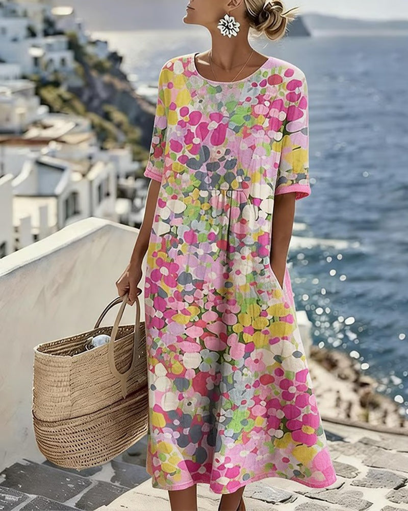 Women’s Loose Summer Floral Midi Dress with Short Sleeves