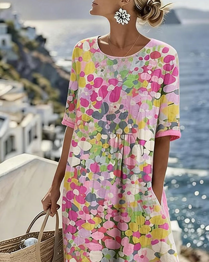 Women’s Loose Summer Floral Midi Dress with Short Sleeves
