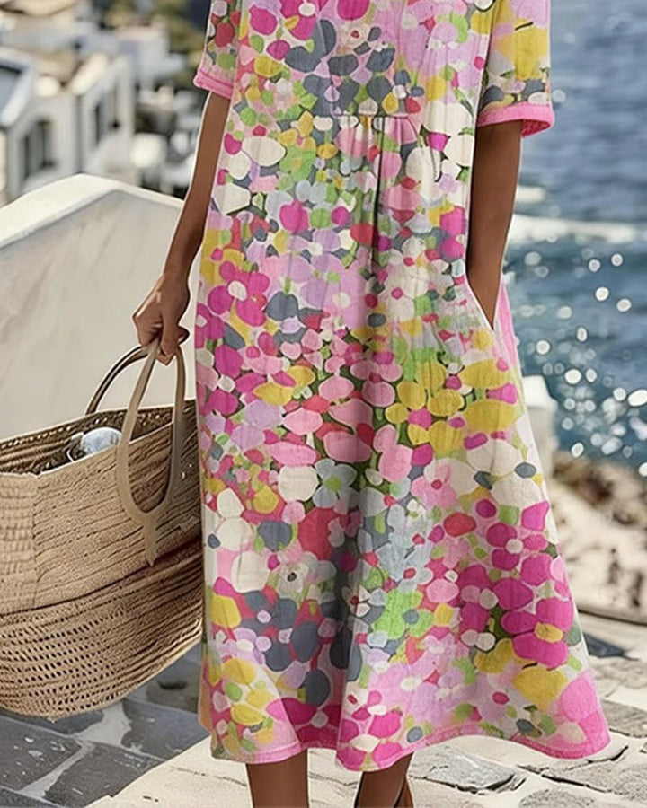 Women’s Loose Summer Floral Midi Dress with Short Sleeves