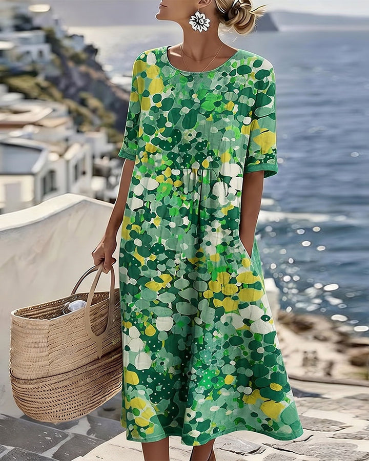 Women’s Loose Summer Floral Midi Dress with Short Sleeves
