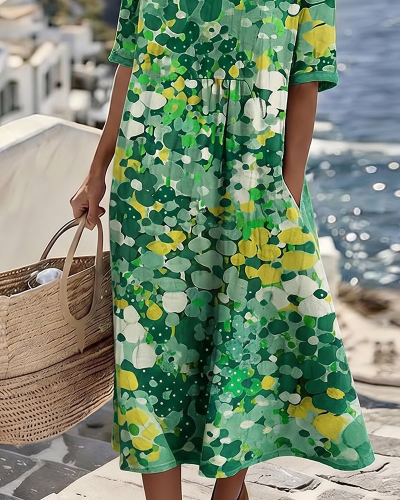Women’s Loose Summer Floral Midi Dress with Short Sleeves
