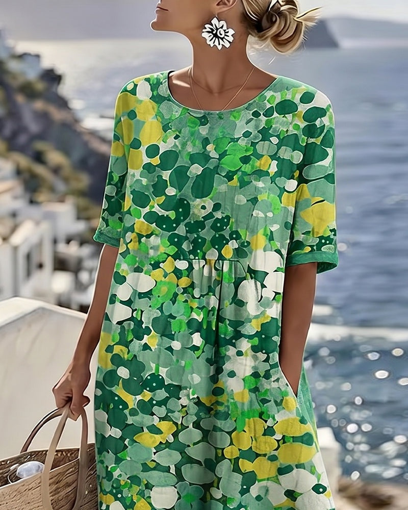 Women’s Loose Summer Floral Midi Dress with Short Sleeves
