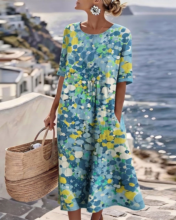 Women’s Loose Summer Floral Midi Dress with Short Sleeves