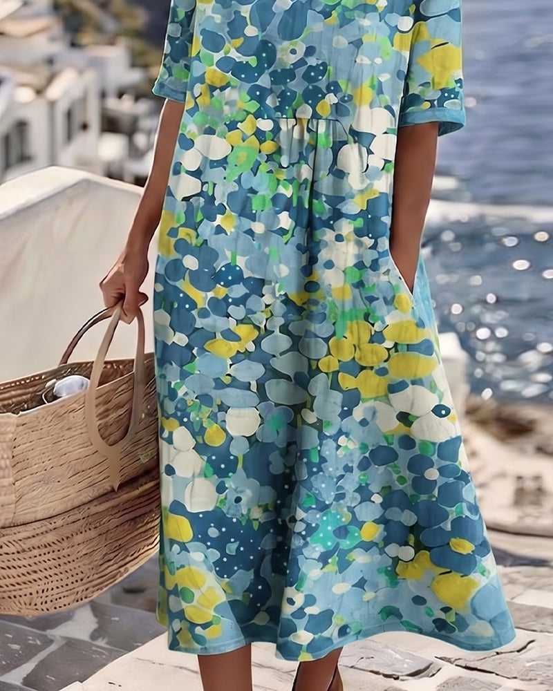 Women’s Loose Summer Floral Midi Dress with Short Sleeves