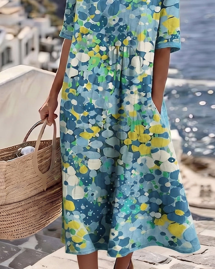 Women’s Loose Summer Floral Midi Dress with Short Sleeves