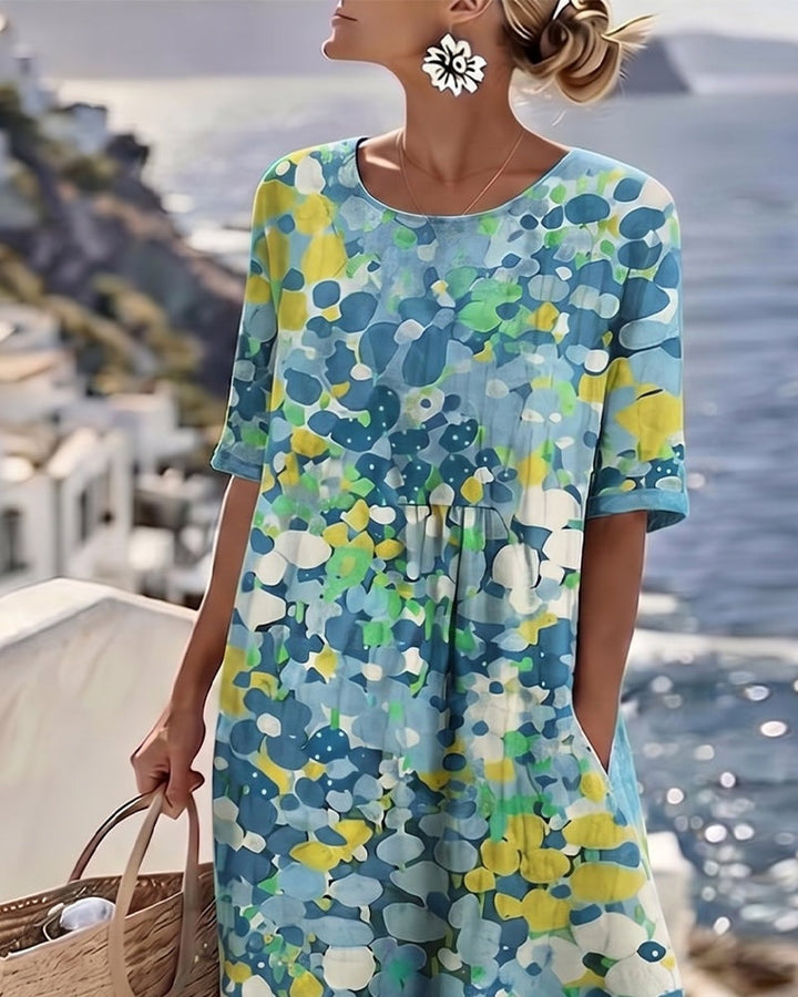 Women’s Loose Summer Floral Midi Dress with Short Sleeves