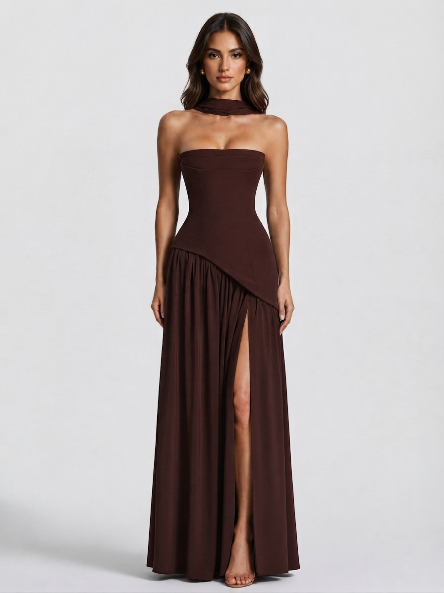 Women's Corset Draped Evening Gown High Slit Autumn Sleeveless Dress