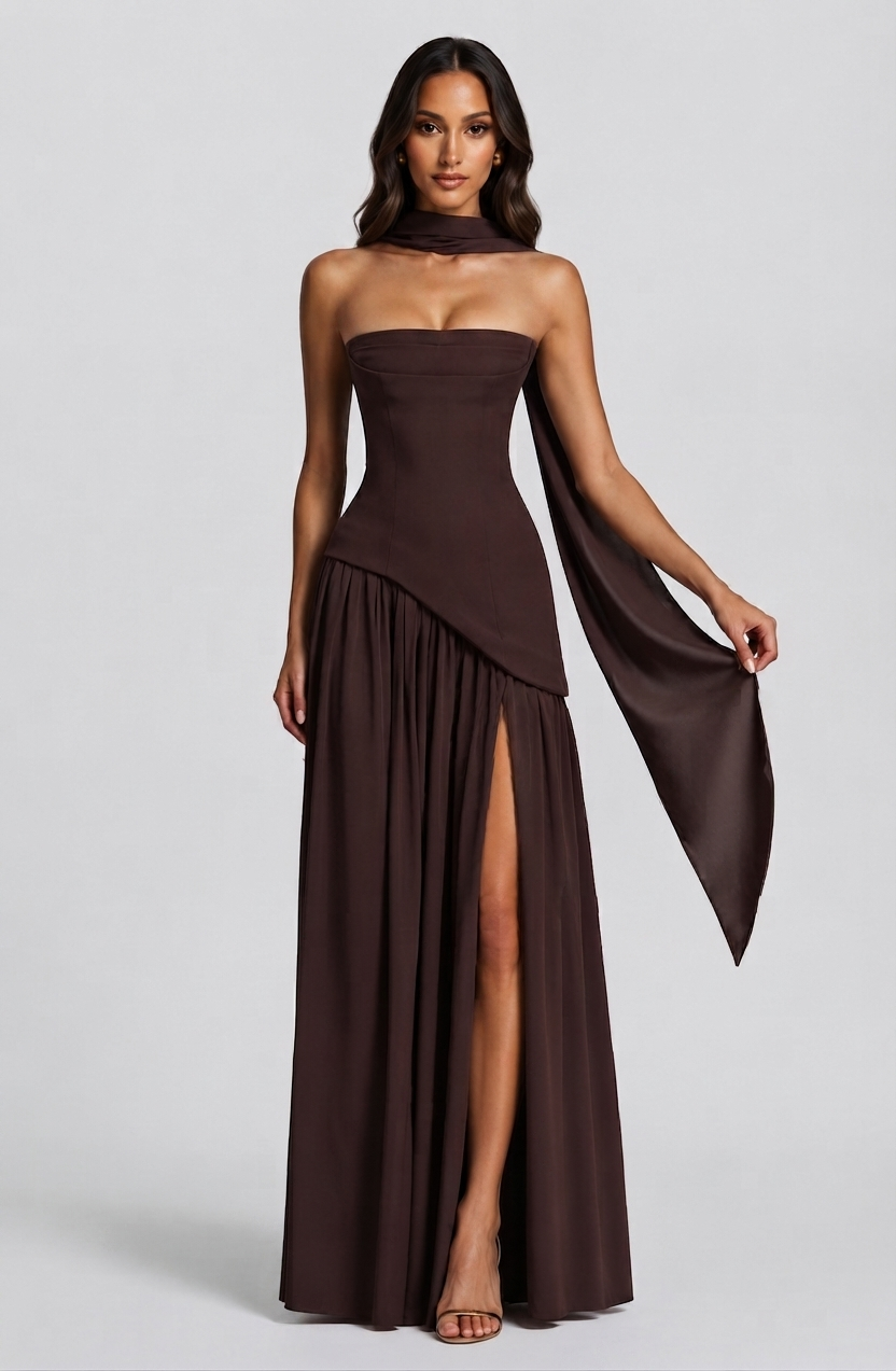 Women's Corset Draped Evening Gown High Slit Autumn Sleeveless Dress
