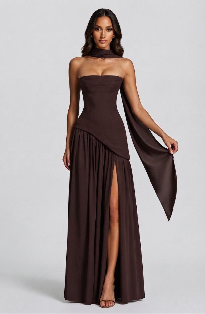 Women's Corset Draped Evening Gown High Slit Autumn Sleeveless Dress