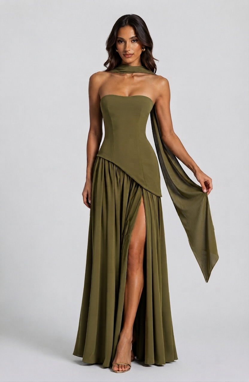Women's Corset Draped Evening Gown High Slit Autumn Sleeveless Dress