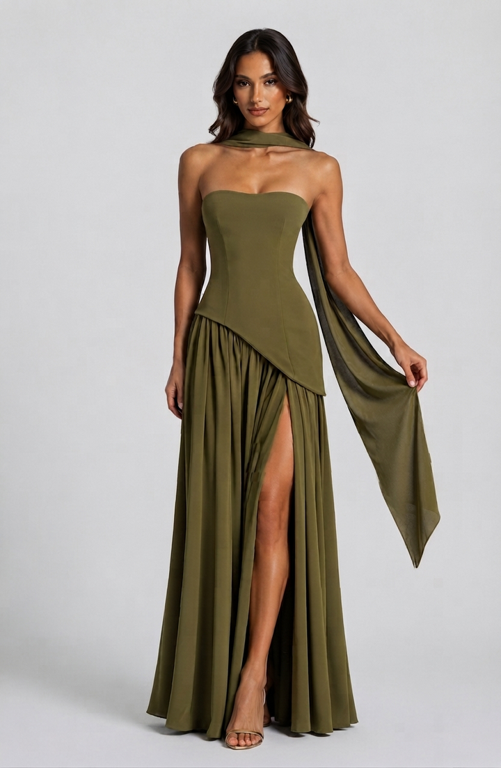 Women's Corset Draped Evening Gown High Slit Autumn Sleeveless Dress