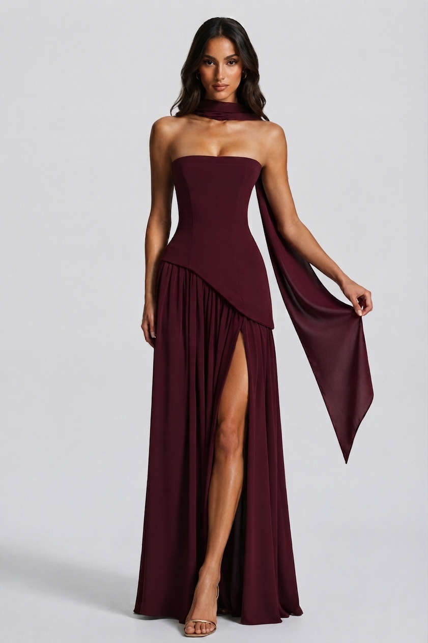Women's Corset Draped Evening Gown High Slit Autumn Sleeveless Dress