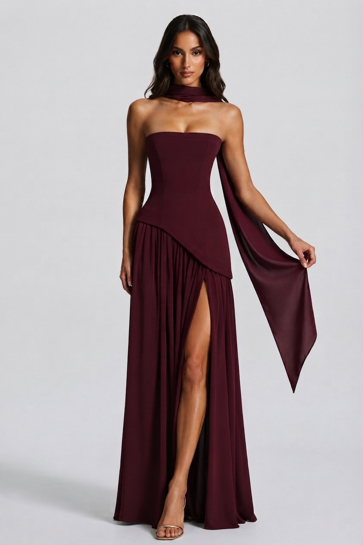 Women's Corset Draped Evening Gown High Slit Autumn Sleeveless Dress