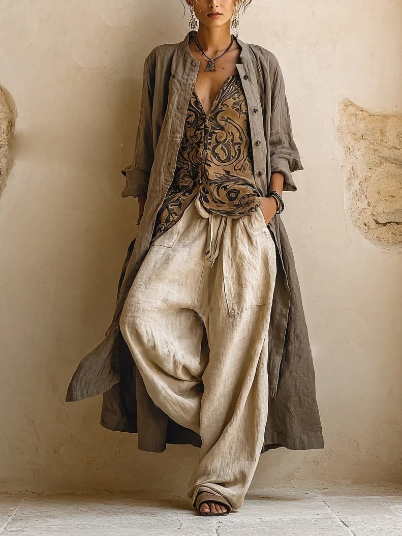 Women's 3-Piece Cotton Linen Cardigan Pants Set Autumn