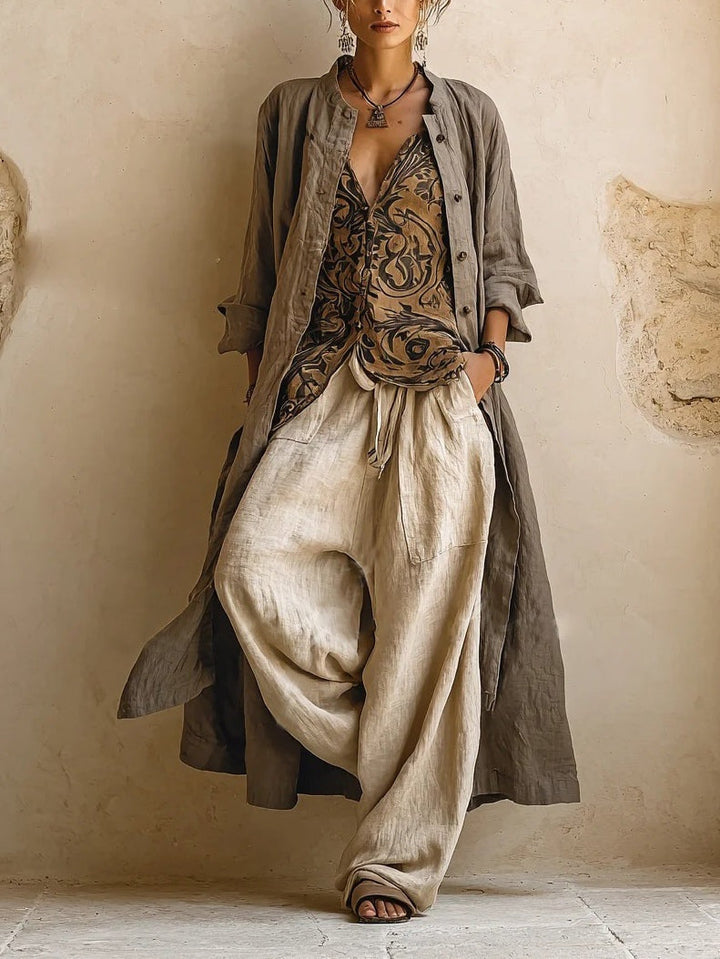 Women's 3-Piece Cotton Linen Cardigan Pants Set Autumn