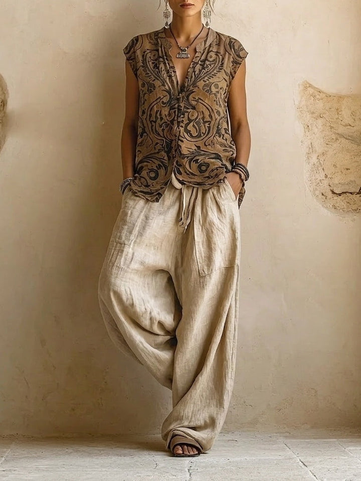 Women's 3-Piece Cotton Linen Cardigan Pants Set Autumn