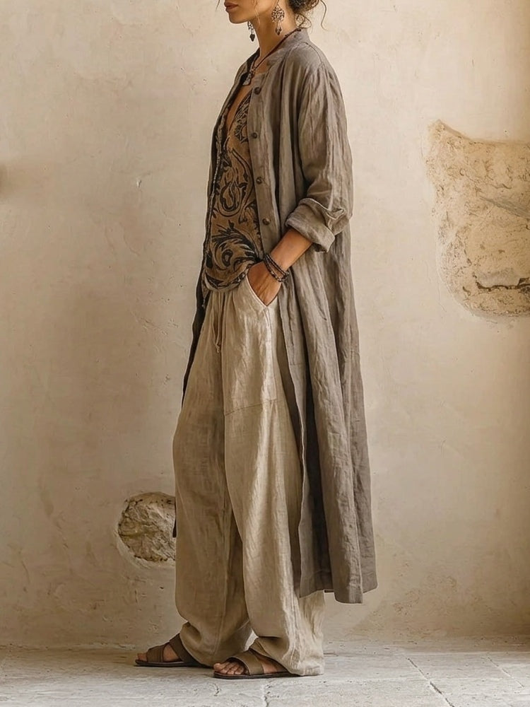 Women's 3-Piece Cotton Linen Cardigan Pants Set Autumn