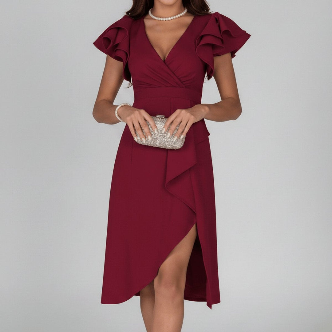 Women's Asymmetrical Wrap V-Neck Ruffle Knit Guest Dress Autumn