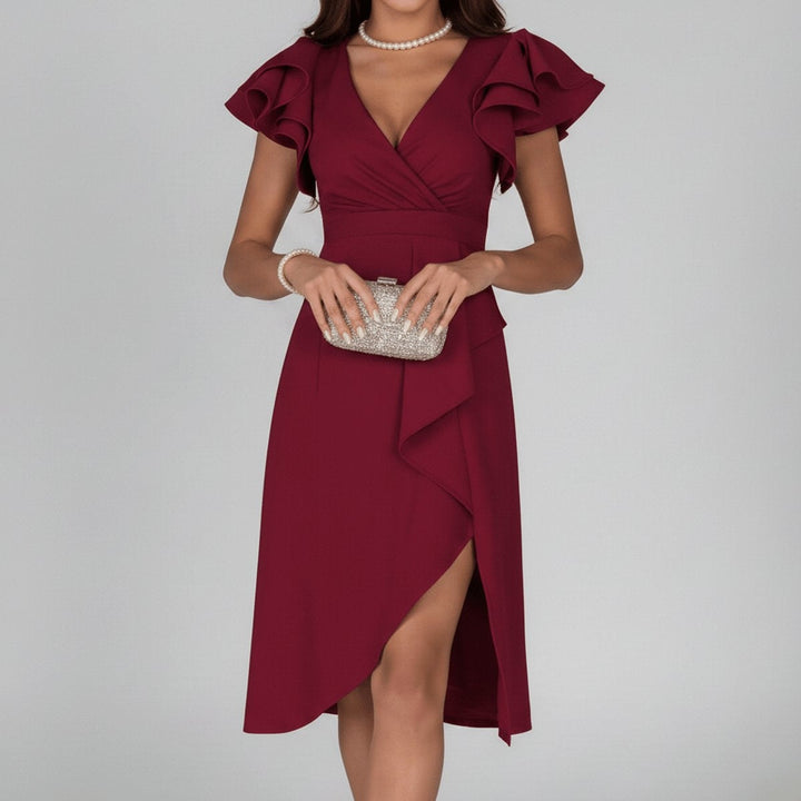 Women's Asymmetrical Wrap V-Neck Ruffle Knit Guest Dress Autumn