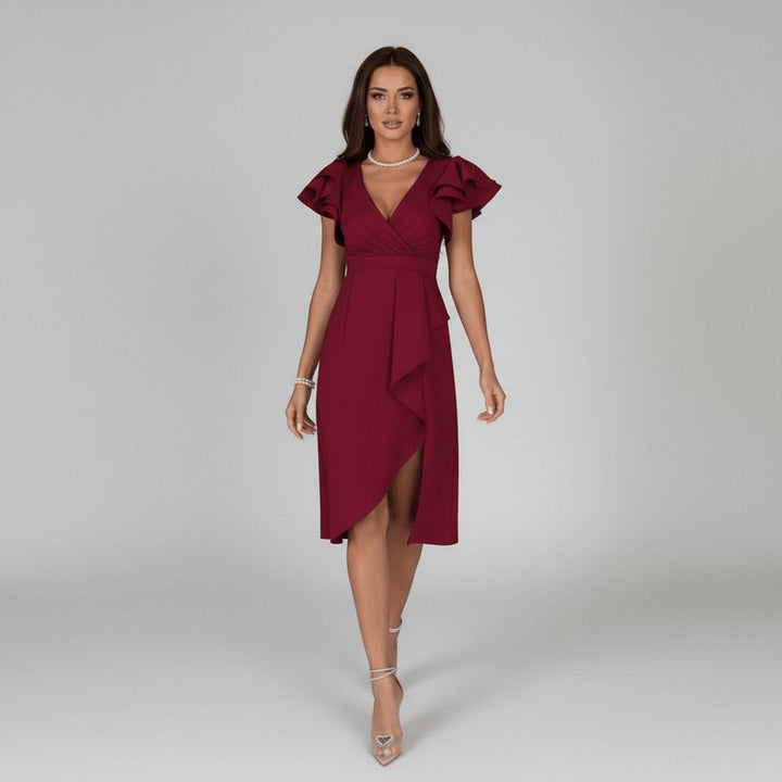 Women's Asymmetrical Wrap V-Neck Ruffle Knit Guest Dress Autumn