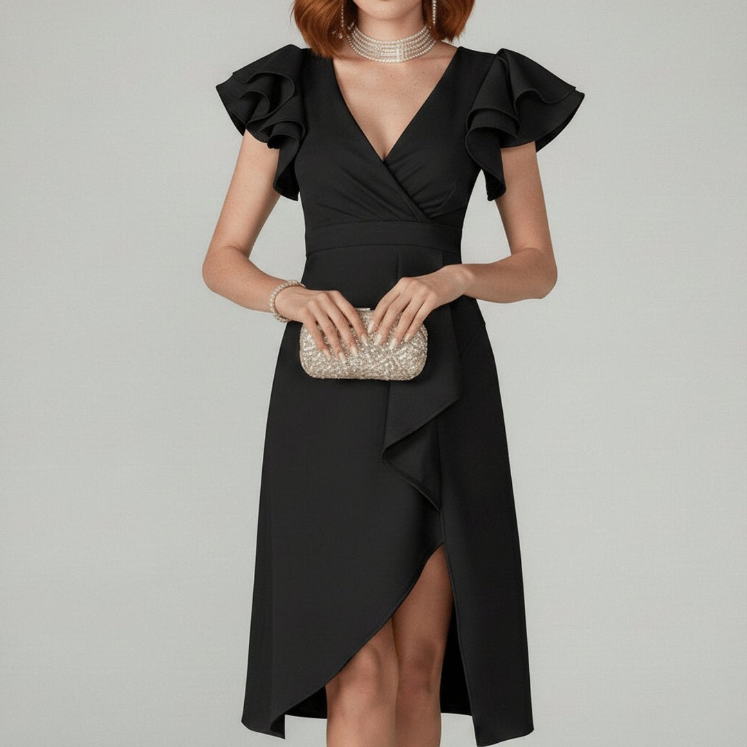 Women's Asymmetrical Wrap V-Neck Ruffle Knit Guest Dress Autumn