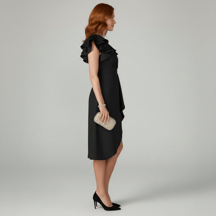 Women's Asymmetrical Wrap V-Neck Ruffle Knit Guest Dress Autumn