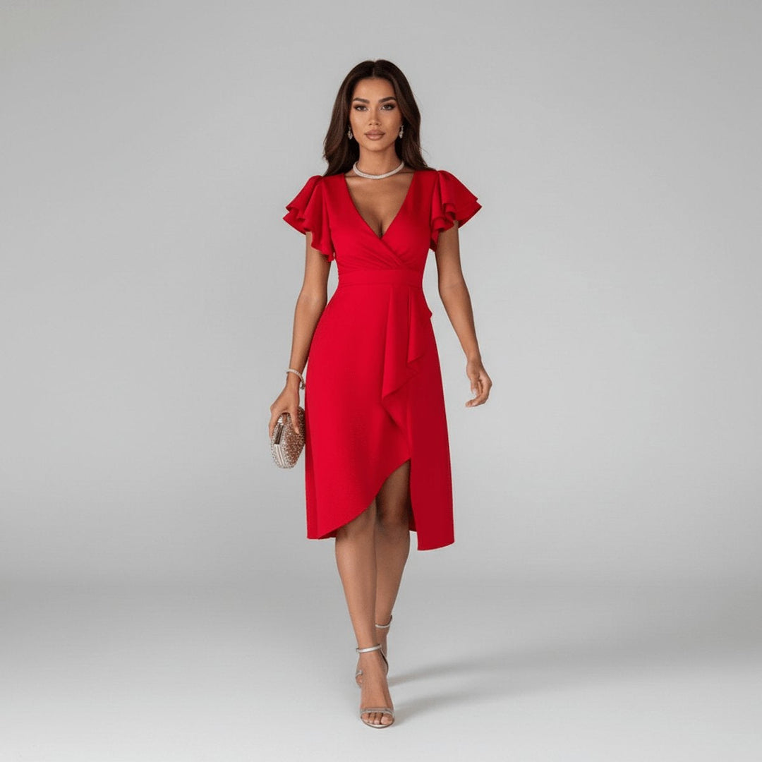 Women's Asymmetrical Wrap V-Neck Ruffle Knit Guest Dress Autumn