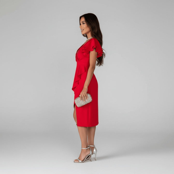 Women's Asymmetrical Wrap V-Neck Ruffle Knit Guest Dress Autumn
