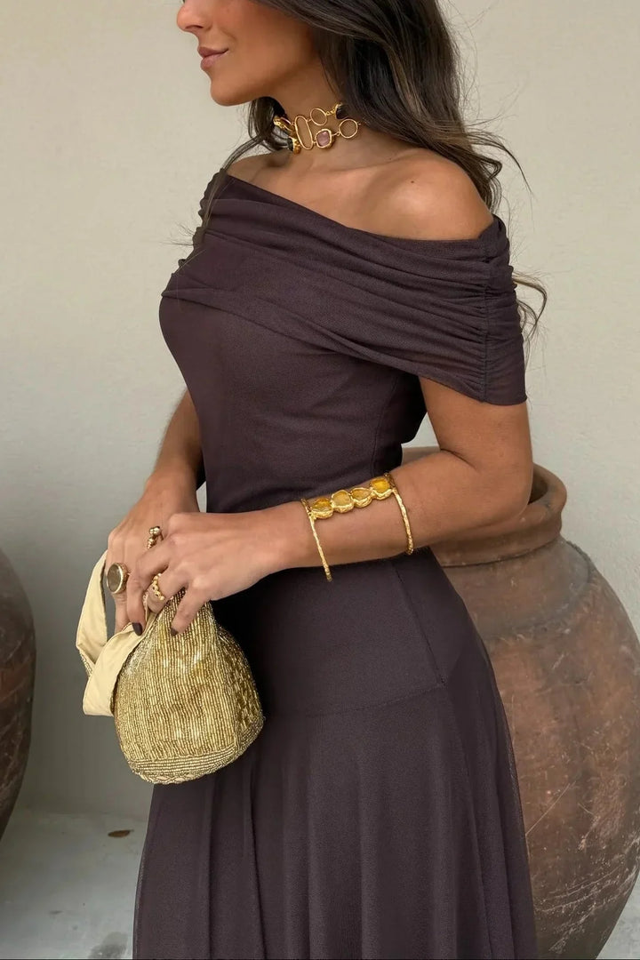 Maxi Dress for Women Pleated One-Shoulder Cotton Fall Casual Long Dress