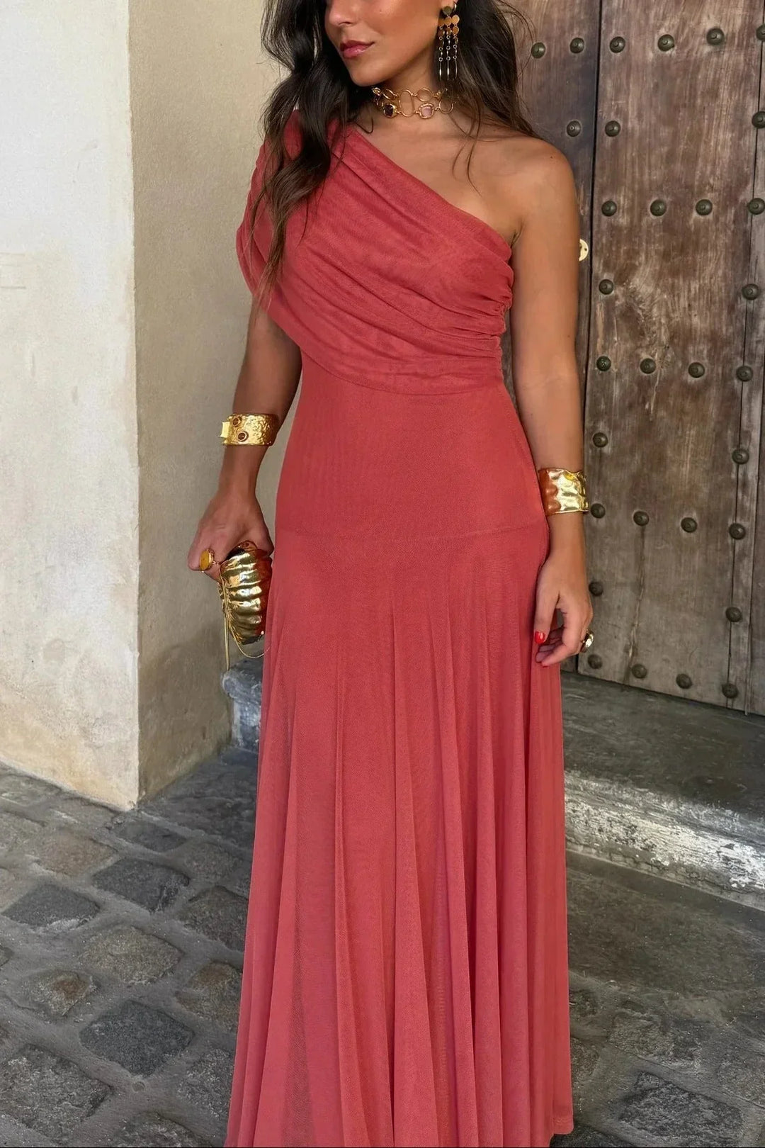 Maxi Dress for Women Pleated One-Shoulder Cotton Fall Casual Long Dress