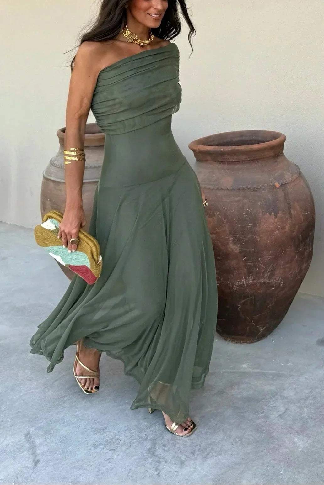 Maxi Dress for Women Pleated One-Shoulder Cotton Fall Casual Long Dress