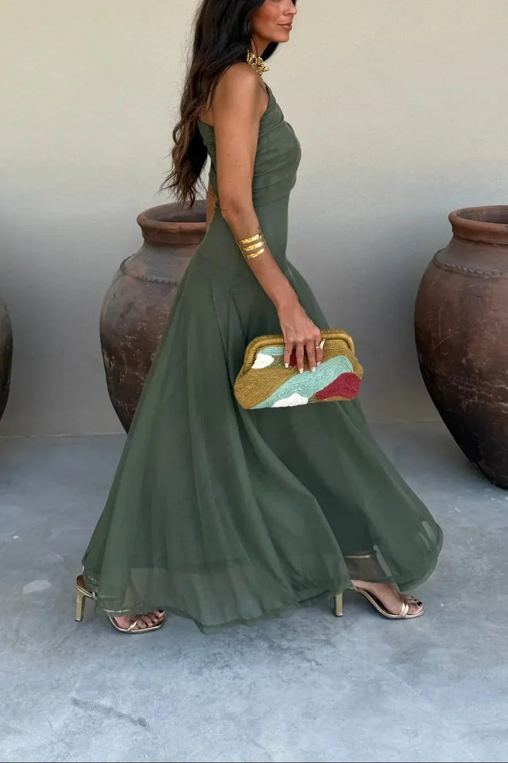 Maxi Dress for Women Pleated One-Shoulder Cotton Fall Casual Long Dress