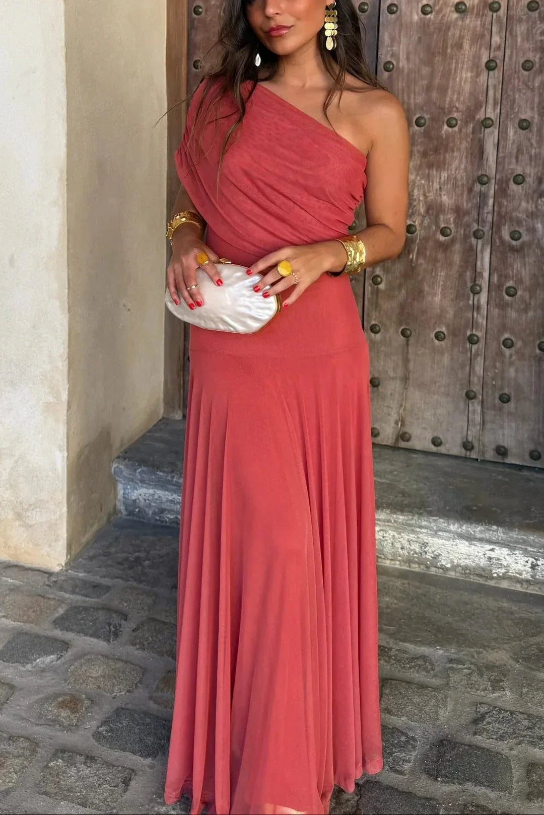 Maxi Dress for Women Pleated One-Shoulder Cotton Fall Casual Long Dress