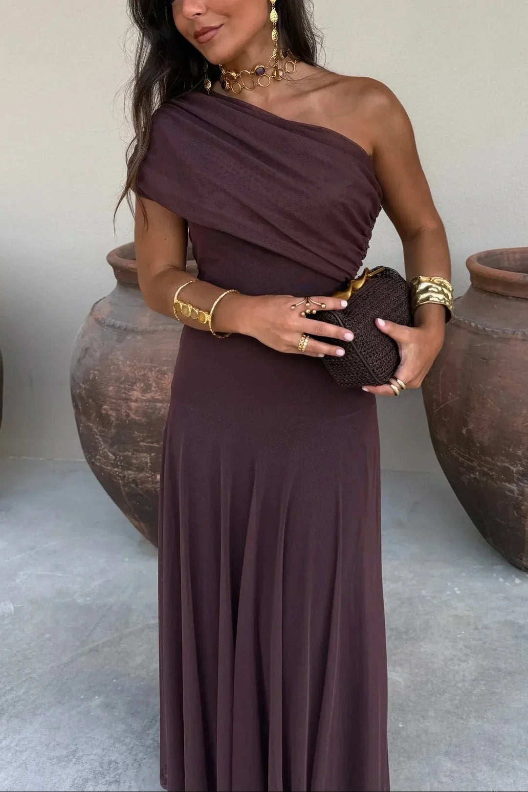 Maxi Dress for Women Pleated One-Shoulder Cotton Fall Casual Long Dress