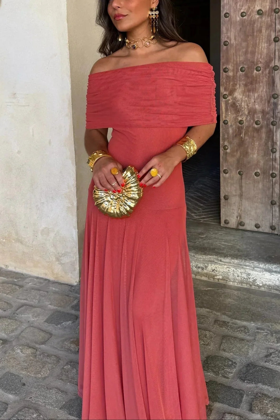 Maxi Dress for Women Pleated One-Shoulder Cotton Fall Casual Long Dress