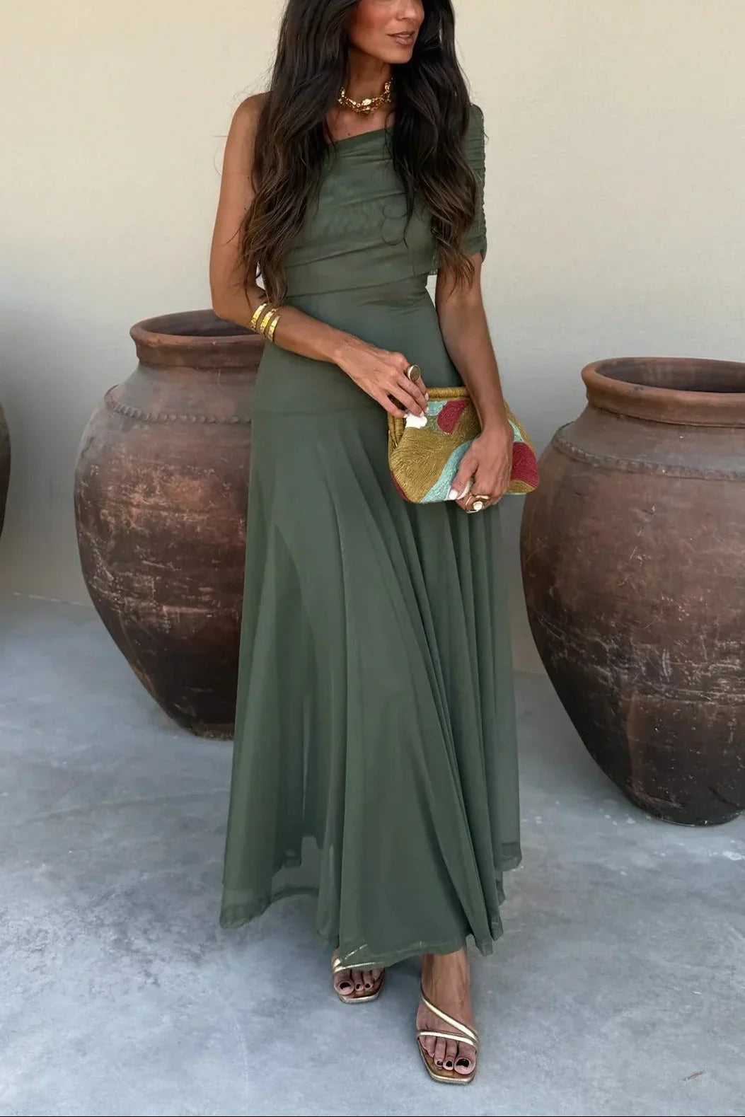 Maxi Dress for Women Pleated One-Shoulder Cotton Fall Casual Long Dress