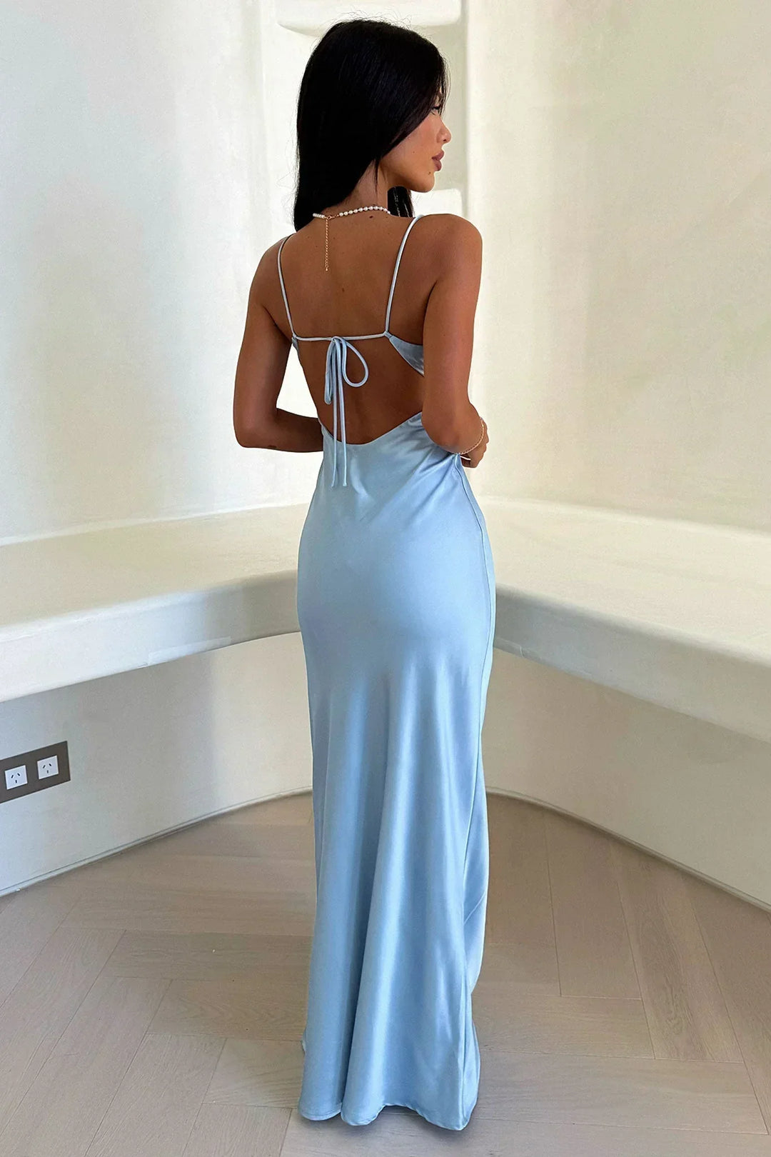 Satin Maxi Dress for Women Fall Sleeveless Evening Dress with Elegant Strappy Design