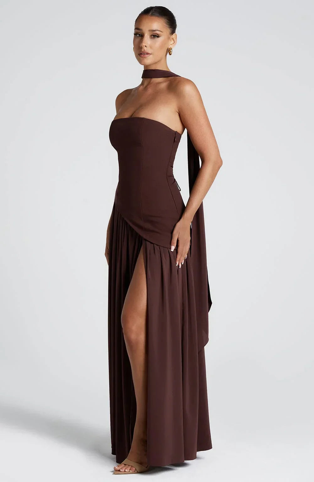 Maxi Dress for Women Fall Strapless Corset Formal Dress with High Slit and Draped Detail