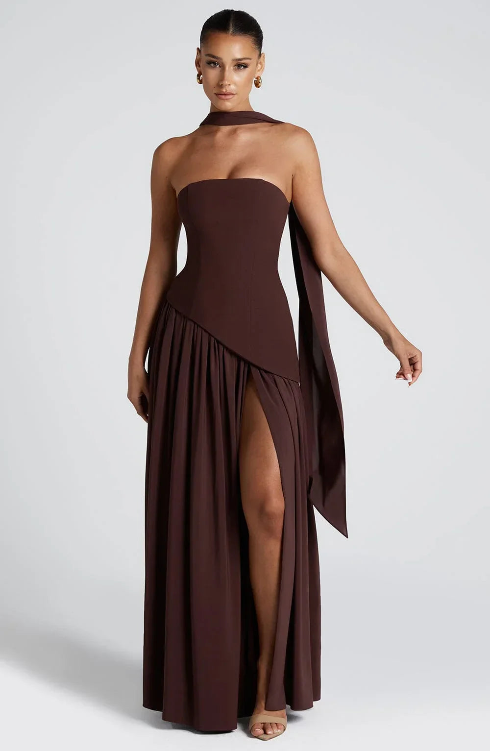 Maxi Dress for Women Fall Strapless Corset Formal Dress with High Slit and Draped Detail