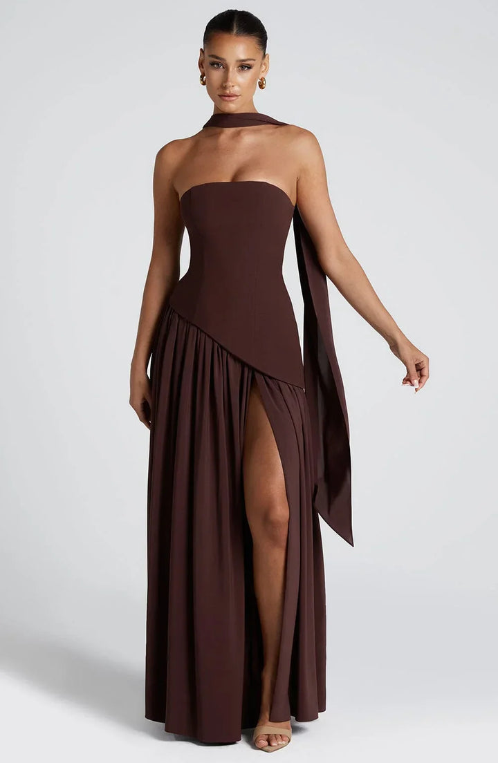 Maxi Dress for Women Fall Strapless Corset Formal Dress with High Slit and Draped Detail