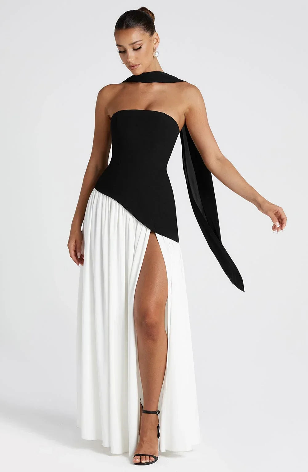 Maxi Dress for Women Fall Strapless Corset Formal Dress with High Slit and Draped Detail