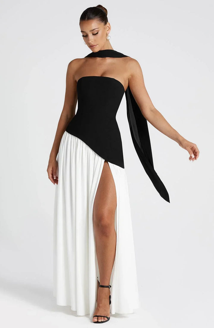 Maxi Dress for Women Fall Strapless Corset Formal Dress with High Slit and Draped Detail