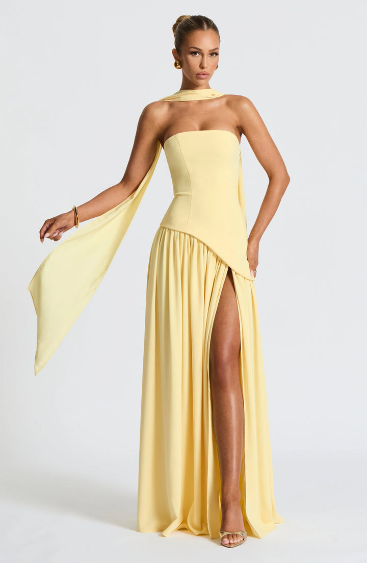 Maxi Dress for Women Fall Strapless Corset Formal Dress with High Slit and Draped Detail