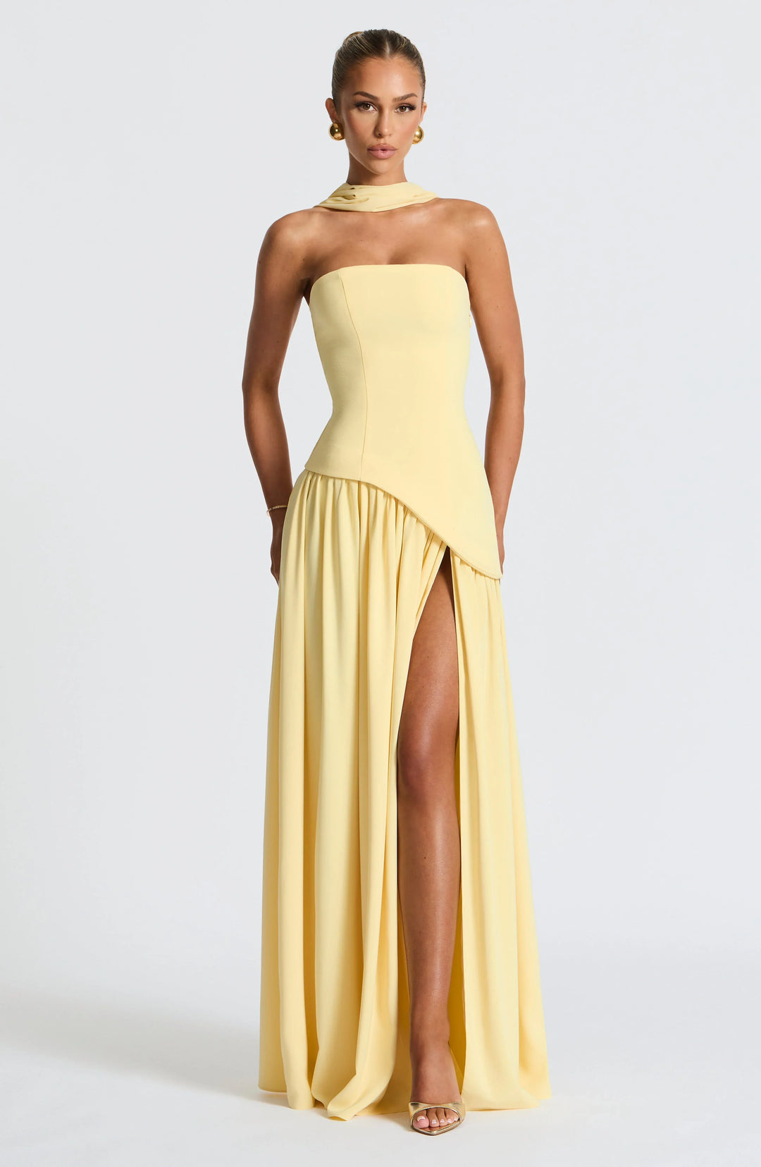 Maxi Dress for Women Fall Strapless Corset Formal Dress with High Slit and Draped Detail