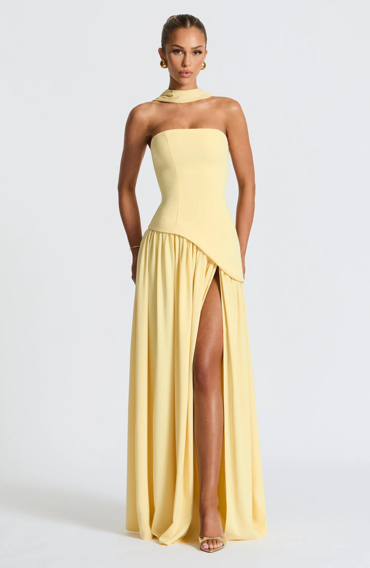 Maxi Dress for Women Fall Strapless Corset Formal Dress with High Slit and Draped Detail