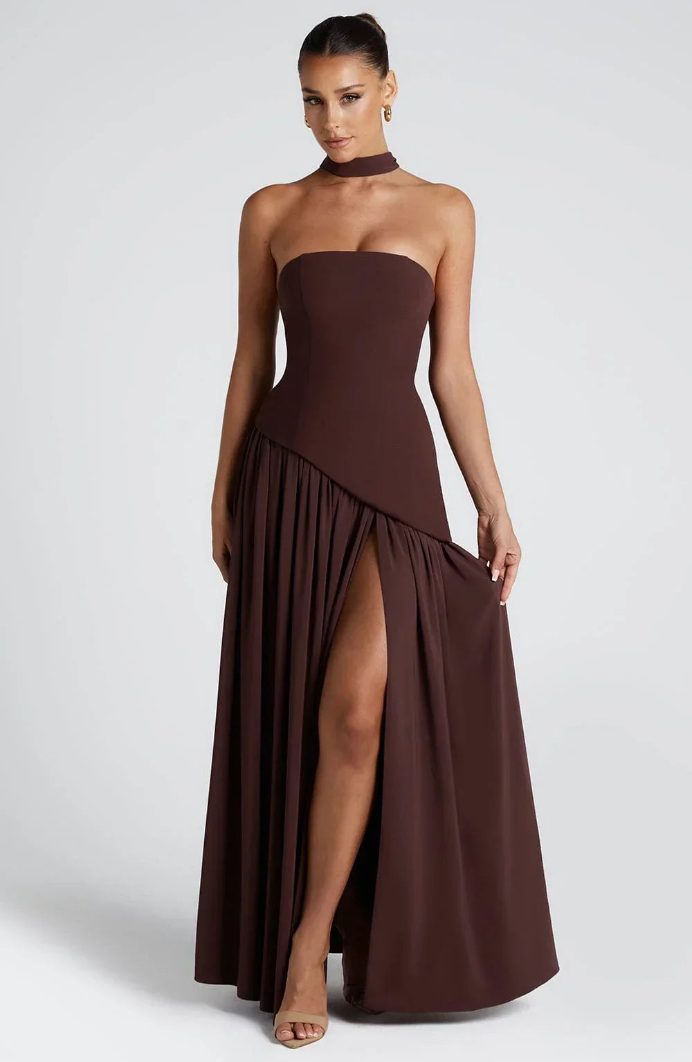 Maxi Dress for Women Fall Strapless Corset Formal Dress with High Slit and Draped Detail