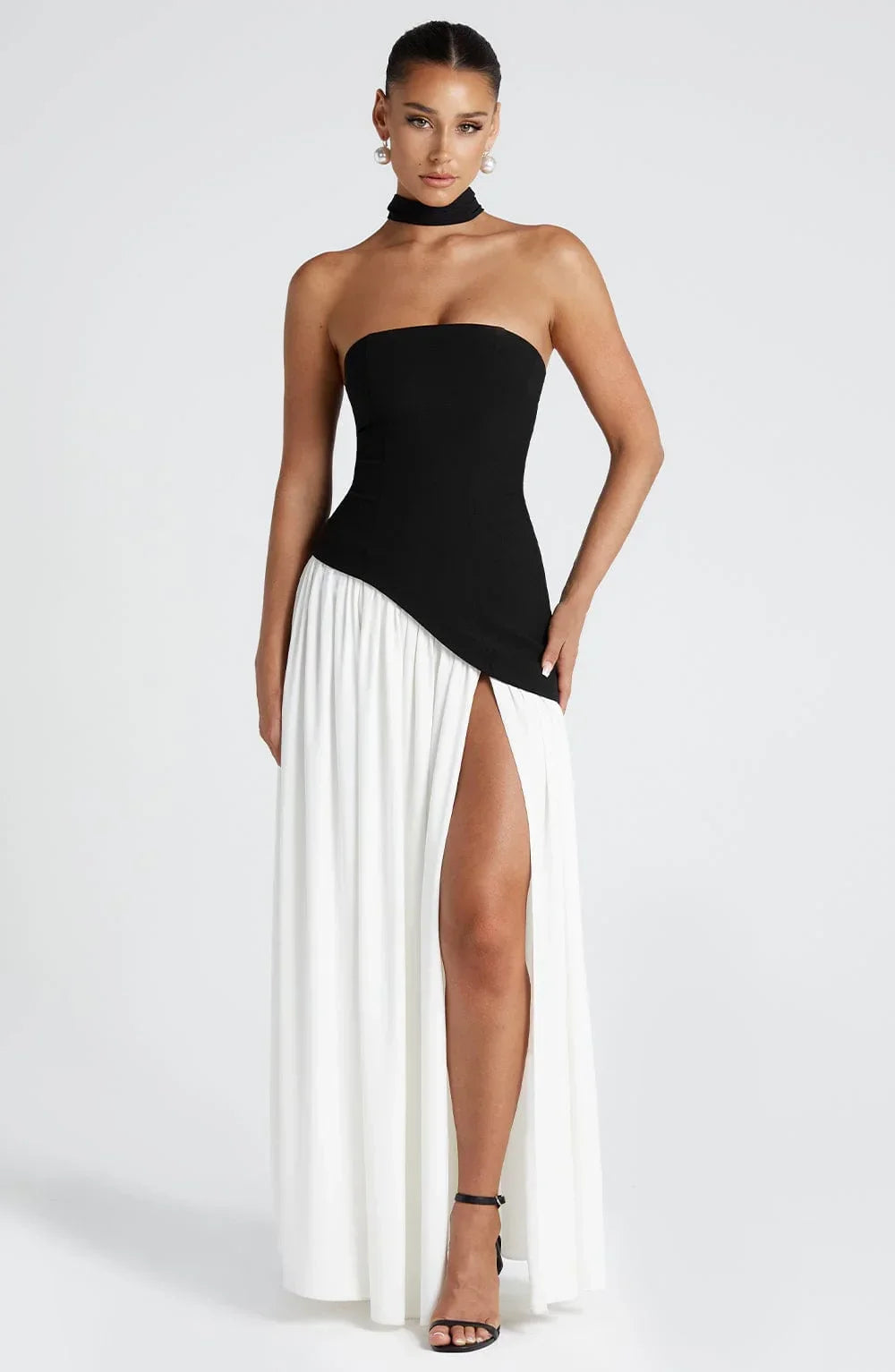 Maxi Dress for Women Fall Strapless Corset Formal Dress with High Slit and Draped Detail